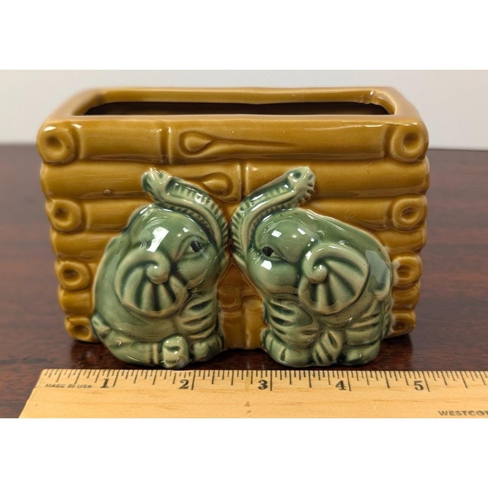 Vintage Ceramic Elephant Bamboo Planter Cachepot Rectangular Green Brown Mid Cen - Picture 6 of 8